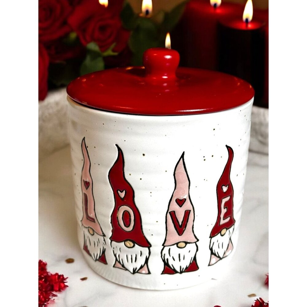 Gnome Ceramic Canister With Lid Love Design Red Heart Accents